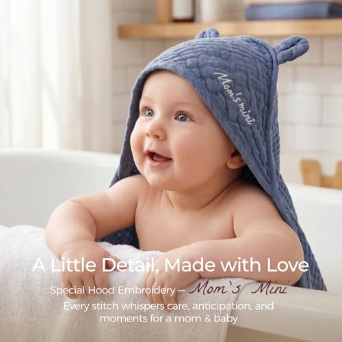 Momcozy Baby Towels, 6-Layer 100% Cotton Muslin Hooded Baby Towel Set for Newborn, Infant & Toddler, Soft Absorbent Baby Bath Essentials, Large 32 x 32 Inch