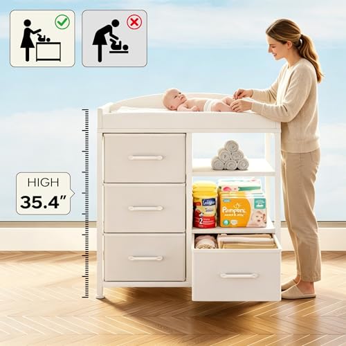 Homeiju Baby Changing Table with 4 Drawers and 2 Shelves - Baby Dresser with Changing Table Top Diaper Changing Station with Storage for Nursery Modern, White