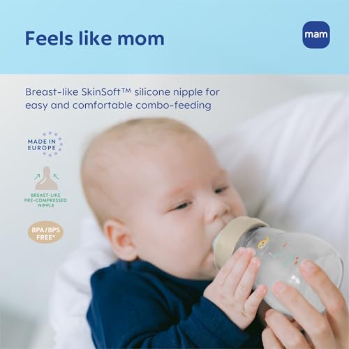 MAM 9oz Feel Good Pure Glass Anti-Colic Wide Neck Baby Bottle, Medium Flow Skin Soft Silicone Nipple, Easy to Clean, BPA Free, 2+ Months, Easy Switch Between Breast & Bottle, Made in Europe, 3 Pk