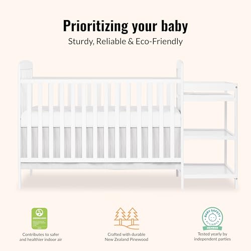 Dream On Me Anna 3-in-1 Convertible Full-Size Baby Crib & Changer with Storage in White, GreenGuard Gold & BSA, Pinewood, Converts to Day & Toddler Bed, 3 Mattress Heights, 1″ Changing Pad
