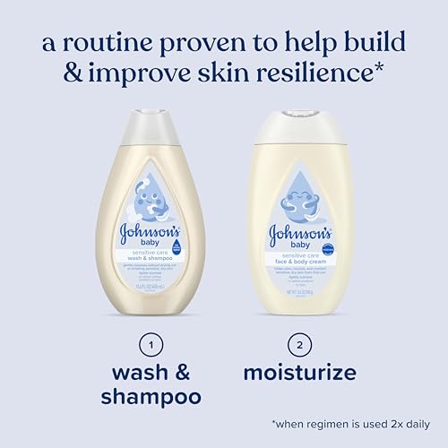 Johnson's Sensitive Care Baby Wash & Shampoo, Daily Moisturizing 2-in-1 Baby Wash & Shampoo to Gently Cleanse Without Drying Out Sensitive Skin, Light Scent, Hypoallergenic, 13.6 fl. oz