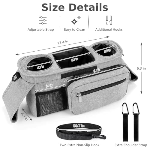 HFLYJPYW Universal Stroller Organizer with Insulated Cup Holder Detachable Phone Bag and Carry Strap Fits Uppababy, Baby Jogger, Britax, BOB, Umbrella and Pet Stroller and more (Light gray)