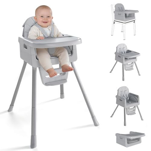 EverKiddo Baby High Chair for 6 Months+, Foldable High Chairs for Babies and Toddlers, Convertible High Chair, Adjustable Tray & Footrest, Portable High Chair & Easy to Clean(Gray)