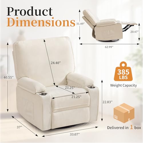 Korser Recliner Chair, Nursery Rocking Chairs for Adults, 360° Swivel Rocker Recliner with Cup Holder, Overstuffed Glider Rocking Chair for Living Room, Manual Recliner with Side Pockets, Chenille