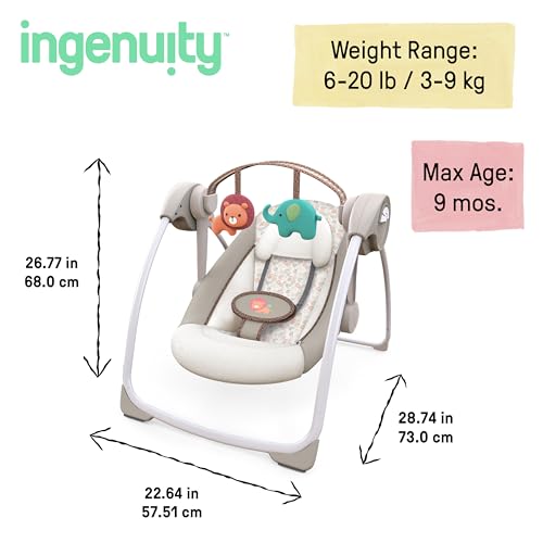 Ingenuity Soothe 'n Delight Compact Portable 6-Speed Plush Baby Swing with Music, Folds Easy, 0-9 Months 6-20 lbs (Cozy Kingdom)
