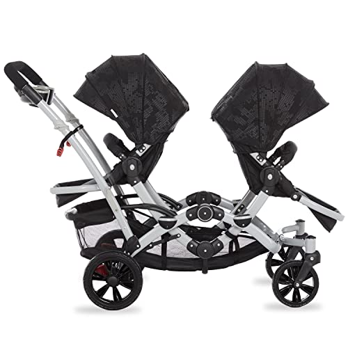 Dream On Me Track Tandem Double Umbrella Stroller in Black, Lightweight Double Stroller for Infant and Toddler, Multi-Position Reversible & Reclining Seats, Large Storage Basket and Canopy