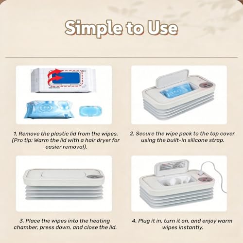 Wet Wipes Warmer, Wipe Warmer Cordless with 3 Adjustable Temperature, Foldable Portable USB Wipe Heater and Dispenser, Digital Display Space Saving Wipe Warmer with Lid for Home Outdoor Travel (White)