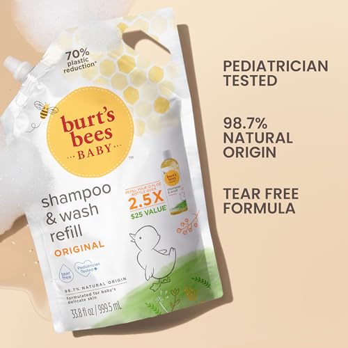 Burt's Bees Baby Shampoo and Baby Wash Refill, Original, Plant-Based Formula, Tear-Free, Pediatrician-Tested, Natural Origin, Gently Cleans Sensitive Skin and Hair, 33.8 Fl Oz