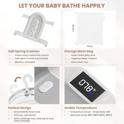 Collapsible Baby Bathtub with Soft Cushion and Thermometer, Newborn to Toddler Tub 0-36 Months with Toy Storage Mesh Bag, Portable Travel Bath for Infants (Grey)