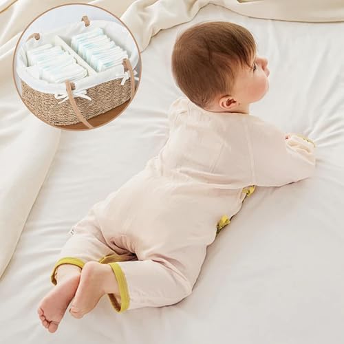 QINGTUHOME Handwoven Wicker Diaper Caddy Organizer, Multi - functional Baby Diaper Bag for Nursery & Home Storage, Detachable Lining, PU Handles, Baby Registry Must Haves (Seagrass)