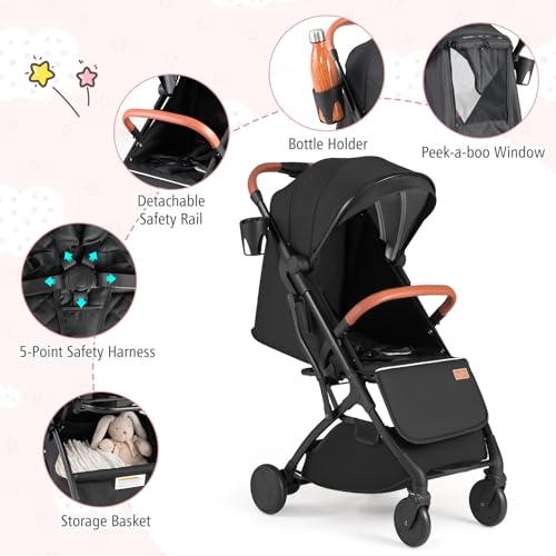 BABY JOY Lightweight Stroller, Compact Travel Stroller with One-Hand Fold, Adjustable Backrest, Canopy, Cup Holder, Footmuff & Storage Basket for Toddlers (Black)