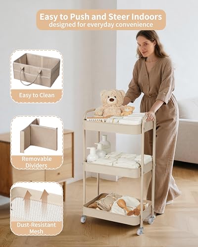 Fortella Baby Diaper Caddy, 3 Tier Rolling Storage Cart for Baby Essentials, Diaper Cart with Detachable Dividers, Storage & Baby Bottle Organizer, Nursery Dresser for Bedroom, Living Room (Taupe)