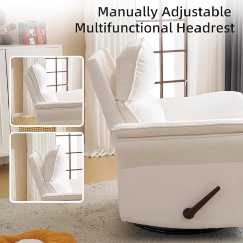 Rhevoy Oversized Recliner Chair, 26" Extra Wide 360° Swivel Rocker Recliner with Adjustable Headrest, Chenille Glider Rocking Nursery Chair with Overstuffed Armrest, Lumbar Support, White