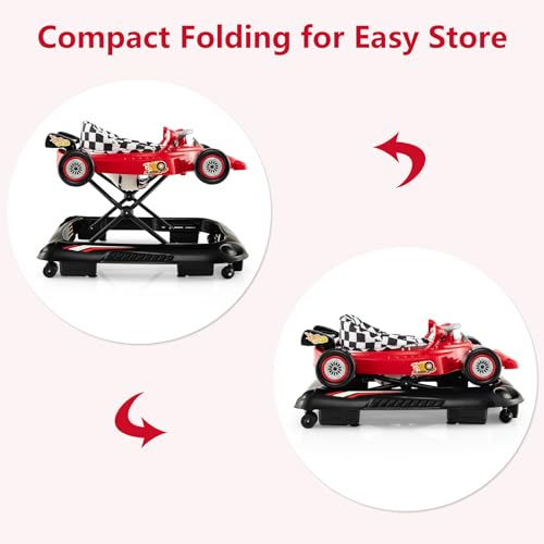INFANS Foldable Baby Walker, 3 in 1 Toddler Activity Center Leaning-Seated Walk-Behind with Steering Wheel, Adjustable Height, Lights, Music, Washable Seat Cushion (Cherry)