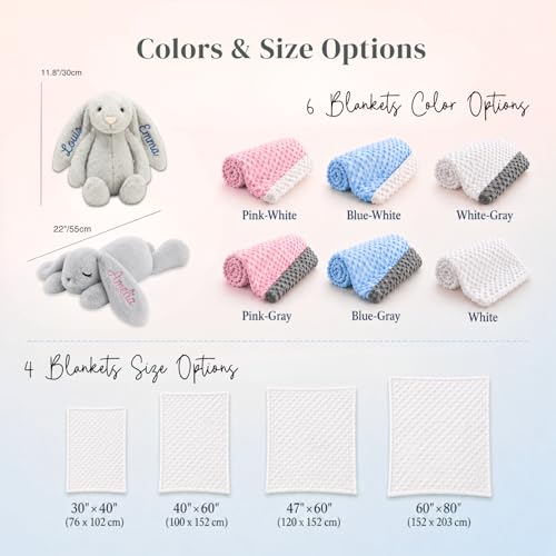 Personalized Baby Blanket and Plush Bunny Set, Custom Baby Blankets and Rabbit with Name, Personalized 2 in 1 Gift Set for Boy Girl Toddlers, Minky Dot Swaddle, Gift Set for Showering, Birthday