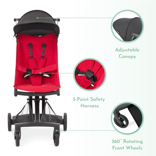 Evolur Roamer Ultra Lightweight Stroller, Compact One-Hand Self-Standing Fold Travel Stroller with 5-Point Safety Harness, Adjustable Sun Canopy, 360° Rotating Wheels with Cup Holder - Red