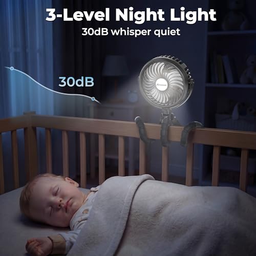 AMACOOL Battery Operated Stroller Fan, Baby Travel Essentials for Beach Disney, Newborn Boy & Girl Showers Gifts Registry Search, Rechargeable Clip On Fan for Car Seat Wagon Crib Bike Treadmill