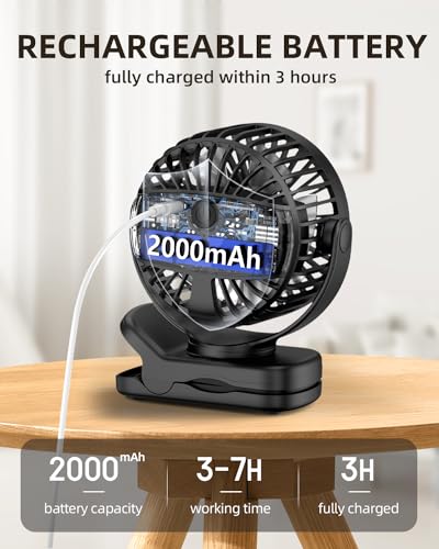TUNISE Mini Clip on Fan, Battery Operated Desk Fan, Digital display，3 Speeds Adjustable, Bidirectional 360 ° Adjustable, Super Strong Wind, Portable Fan for Home Office Stroller Camping Black