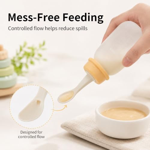 Pigeon Baby Weaning Spoon with Squeeze Bottle, Baby Feeding Dispensing Spoon - Easy Feeding Solution for Babies 6 Months and Up, 4 Oz, with Cleaning Brush