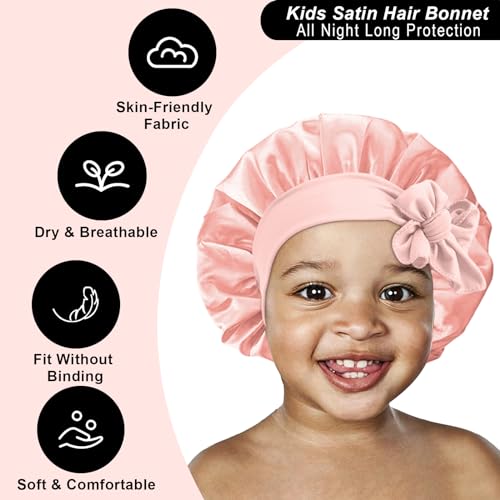 FIRSTPELLA 3 Pcs Baby Hair Bonnet for Sleeping - Kids Silk Satin Bonnets for Girls Curly Hair,Satin Sleep Bonnet for Teens Toddler Child(Pink+Black+Purple)