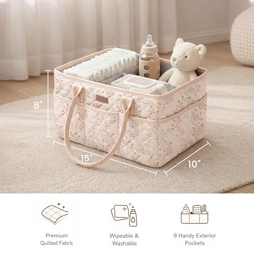 Konssy Floral Quilted Diaper Caddy Organizer, Diaper Caddy Basket with PU Leather Handles, Water-Repellent Nursery Storage Basket, Portable Car Organizer, Registry Search Must Haves (Floral)