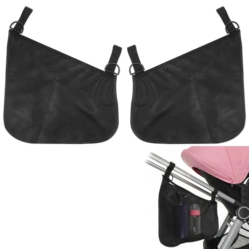 WJIAAA 2 Pack Side Sling Stroller Organizer, Universal Portable Side Sling Stroller with Mesh Cargo Net, Black Adjustable Mesh Storage Bag with Non-Slip Straps for Extra Cargo Space