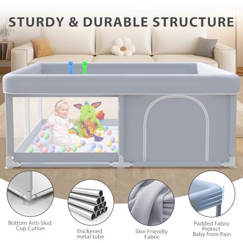 XVISHX Baby Playpen 50 x 50 Inch Play Pen Playards, Playpen for Babies and Toddlers, Baby Playard for Indoor & Outdoor Active Center Game Fence, with Skin-Friendly Fabric and Soft Breathable Mesh Grey