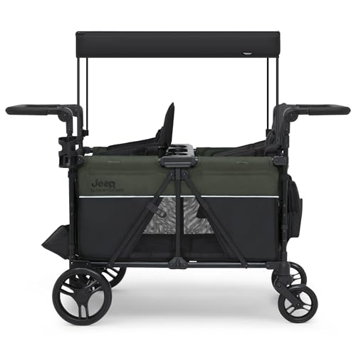 Jeep Aries Stroller Wagon by Delta Children Premium Wagon for 2 Kids with Convertible Seats, Adjustable Push/Pull Handles, Removable Canopy & Flat Fold - Greenguard Gold Certified, Black/Green