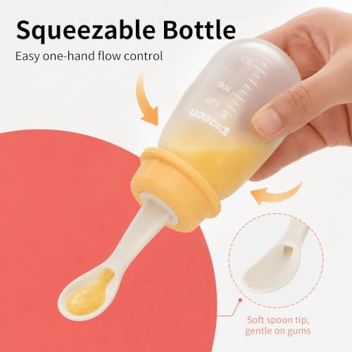 Pigeon Baby Weaning Spoon with Squeeze Bottle, Baby Feeding Dispensing Spoon - Easy Feeding Solution for Babies 6 Months and Up, 4 Oz, with Cleaning Brush
