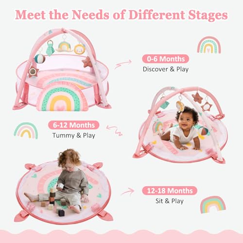 7-in-1 XL Large Baby Play Gym Mat, Tummy Time Mat, Baby Gym & Ball Pit, Baby Activity Mat with Milestone Cards & 6 Detachable Toys for Sensory Motor Skill, Rainbow