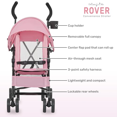 Dream On Me Rover Convenience Baby Stroller – Lightweight & Compact Travel Umbrella Stroller, Quick One-Hand Fold, Lockable Rear Wheels, Adjustable Canopy, 3-Point Safety Harness & Cup Holder - Pink