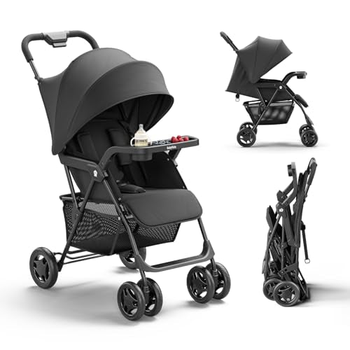 BabyVista Lightweight Umbrella Stroller, Travel Stroller with Near-Flat Recline & Snack Tray, Compact Folding with One Hand, UPF50+ Sun Canopy, Theme Park Approved