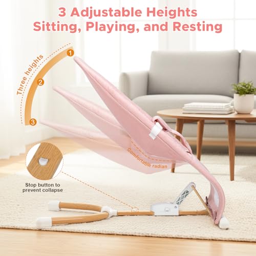 Portable Baby Bouncer, Bouncer Seat for Babies 0-12 Months, 3 Recline Positions, Foldable Baby Rocker Chair with Removable Wooden Bar, Pink