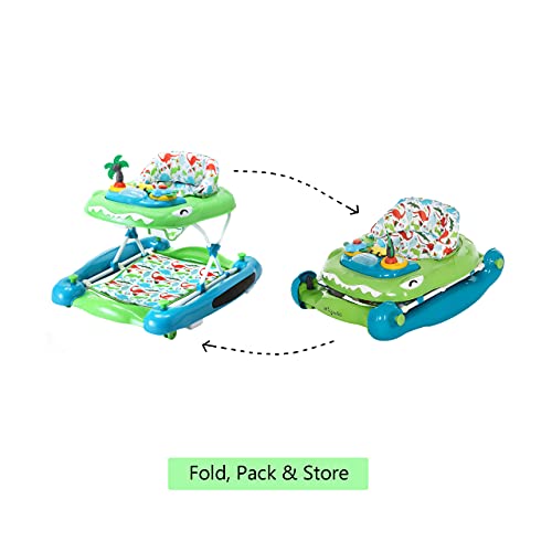 Dream On Me Baby Steps Baby Walker, Infant Activity Walker Three Position Adjustable Height, Removable Tray, Folding Walker for Baby 6-12 Months, Blue and Green