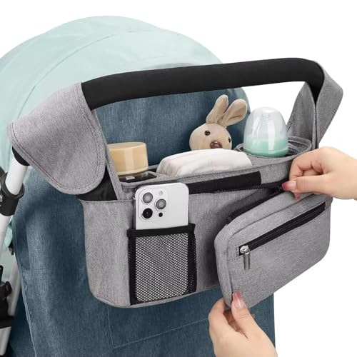 HFLYJPYW Universal Stroller Organizer with Insulated Cup Holder Detachable Phone Bag and Carry Strap Fits Uppababy, Baby Jogger, Britax, BOB, Umbrella and Pet Stroller and more (Light gray)