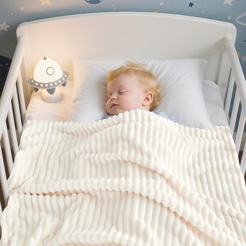 Eonkasp Soft Fleece Baby Blanket Ultra Cozy Baby Blankets for Boys Girls Warm and Lightweight Infant Toddler Newborn Receiving Gift with Reversible Stripes for Crib Stroller, 30x40 Inch, Cream