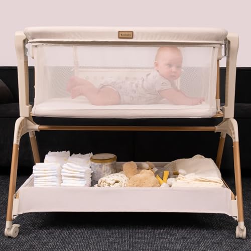 Ezebaby Baby Bassinet Bedside Sleeper: 3-in-1 Rocking Bassinet for Baby - Breathable Full-Mesh Crib with Mattress | 6 Height Adjustable | Portable Crib with Lockable Wheels for Newborns