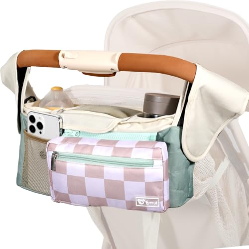 ERRUI Universal Stroller Organizer with Insulated Cup Holders and Detachable Phone Bag,Stroller Caddy Fits for Stroller Accessories like Uppababy, Baby Jogger, Doona, Nuna Stroller (Green Square grid)
