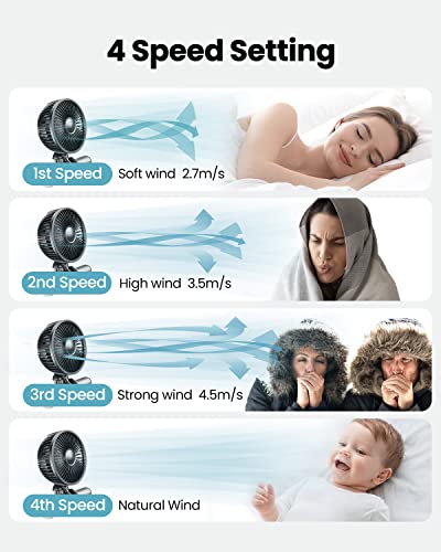 Gaiatop Oscillating Baby Stroller Fan with LED Night Light, 4 Speeds Cooling Rechargeable 360° Rotate Clip On, Battery Operated Small Portable Fans for Car Seat Crib Treadmill Travel Black