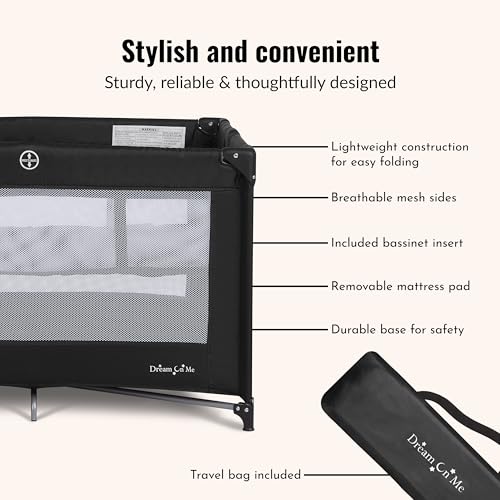 Dream On Me Zazzy Portable Playard with Bassinet in Black, Lightweight Packable and Easy Setup Baby Playard with Mattress and Travel Bag
