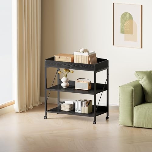 Yetom Baby Changing Table, Diaper Changing Station with Pad and Wheels, Two-Tier Open Storage Shelves, Waterproof Diaper pad & Safety Strap,Compact Baby Furniture for Nursery, Black