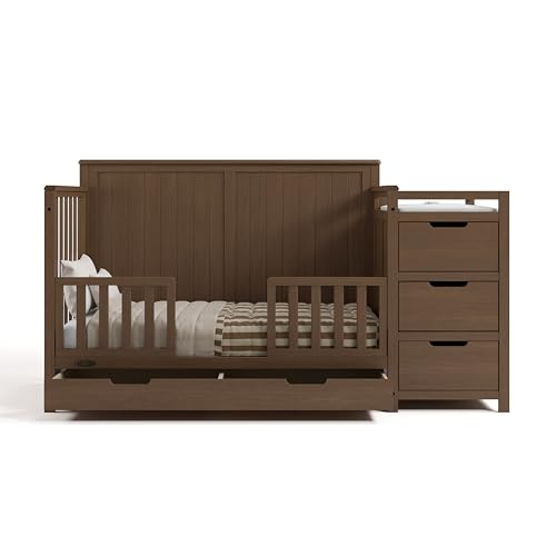 Graco Hadley 5-in-1 Convertible Crib & Changer – GREENGUARD Gold Certified, Fits Standard Crib Mattress, Converts to Toddler Bed and Full Bed, 4 Adjustable Mattress Heights (Hazelnut)