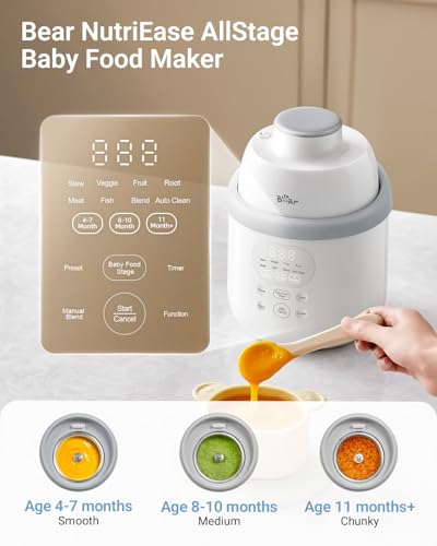 Bear NutriEase AllStage Stainless Steel Baby Food Maker Steamer and Blender, Truly OneStep Baby Food Processor Puree Maker Grinder Mills, Auto Cooking&Grinding for Healthy Homemade Baby Food, BPA-Free