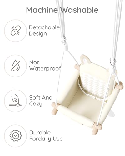 Wooden Hanging Baby Swing with Soft Safety Belt, Cozy Infant Swing Seat for Indoor & Outdoor Use, Adjustable Height, Includes Mounting Hardware – Suitable for Babies & Toddlers(Fox-Themed in Beige)