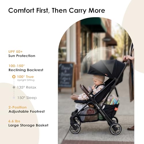 LullaRide Lightweight Travel Stroller, One-Hand Fold Airplane Carry-On, Compact Baby & Toddler Stroller with Cup & Phone Holder, 6.6 lbs Capacity Basket, Adjustable Reclining Backrest, Black