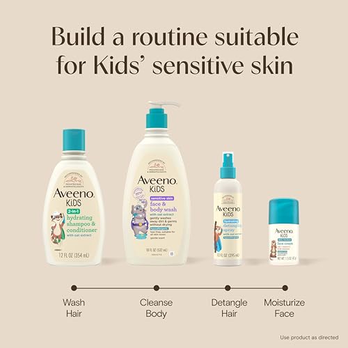 Aveeno Kids Sensitive Skin Face & Body Wash, Nourishing Oat Extract, Wash Away Dirt and Germs Without Drying, Kids Body Wash is Tear-Free, Hypoallergenic, Sulfate- & Dye-Free, 18 Fl Oz