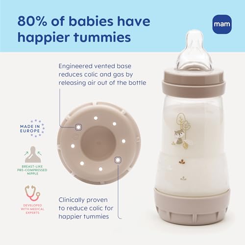 MAM 4.5oz Easy Start Anti-Colic+ Wide Neck Vented Baby Bottle, Extra Slow Flow Breastfeeding-Like Silicone Nipple, Reduces Colic, Gas & Reflux, Easy to Clean, BPA Free, 0+ Months, Unisex