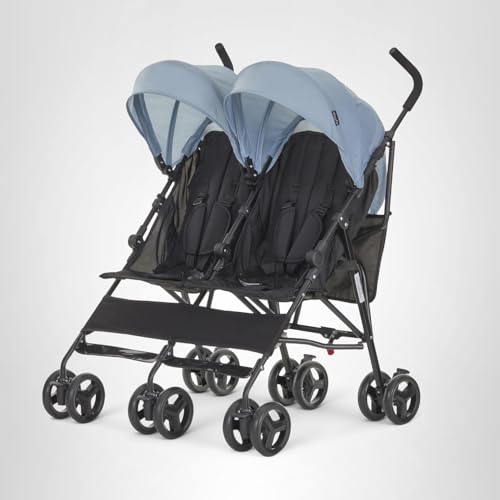 Dream On Me Twin Venture Umbrella Stroller in Light Blue, Multi Backrest Positions, Adjustable & Removable Canopy Double Stroller, 360°Swivel Wheels with Locks