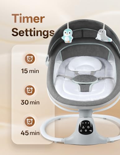 Electric Baby Swing for Infants to Toddler, 0-9 Months Portable Swing Rocker 5 Sway Speed, Bluetooth,12 Preset Lullabies with Remote Control, Infant Swing for Baby Boys & Girls, Grey