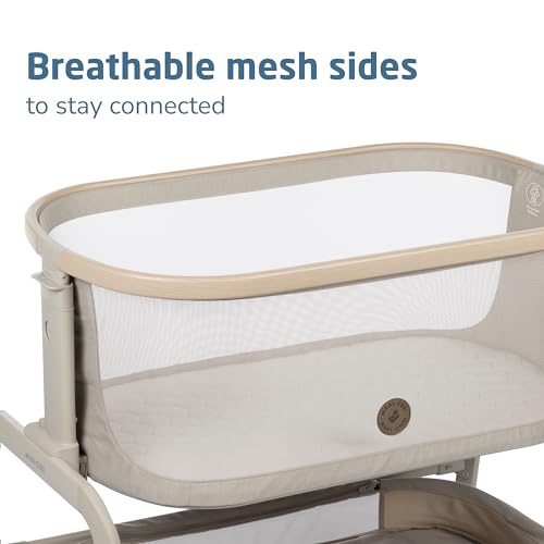 Maxi-Cosi Iora Baby Bassinets Bedside Sleeper, Portable Bassinet, Infant Bedside Sleeper Crib, Height Adjustable, Breathable Mesh, Large Storage Basket, Classic Oat